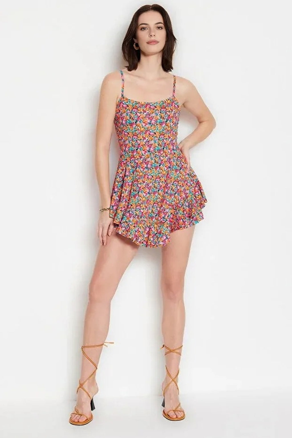 Strappy Ruffled Shorts Mini Knitted Playsuıt