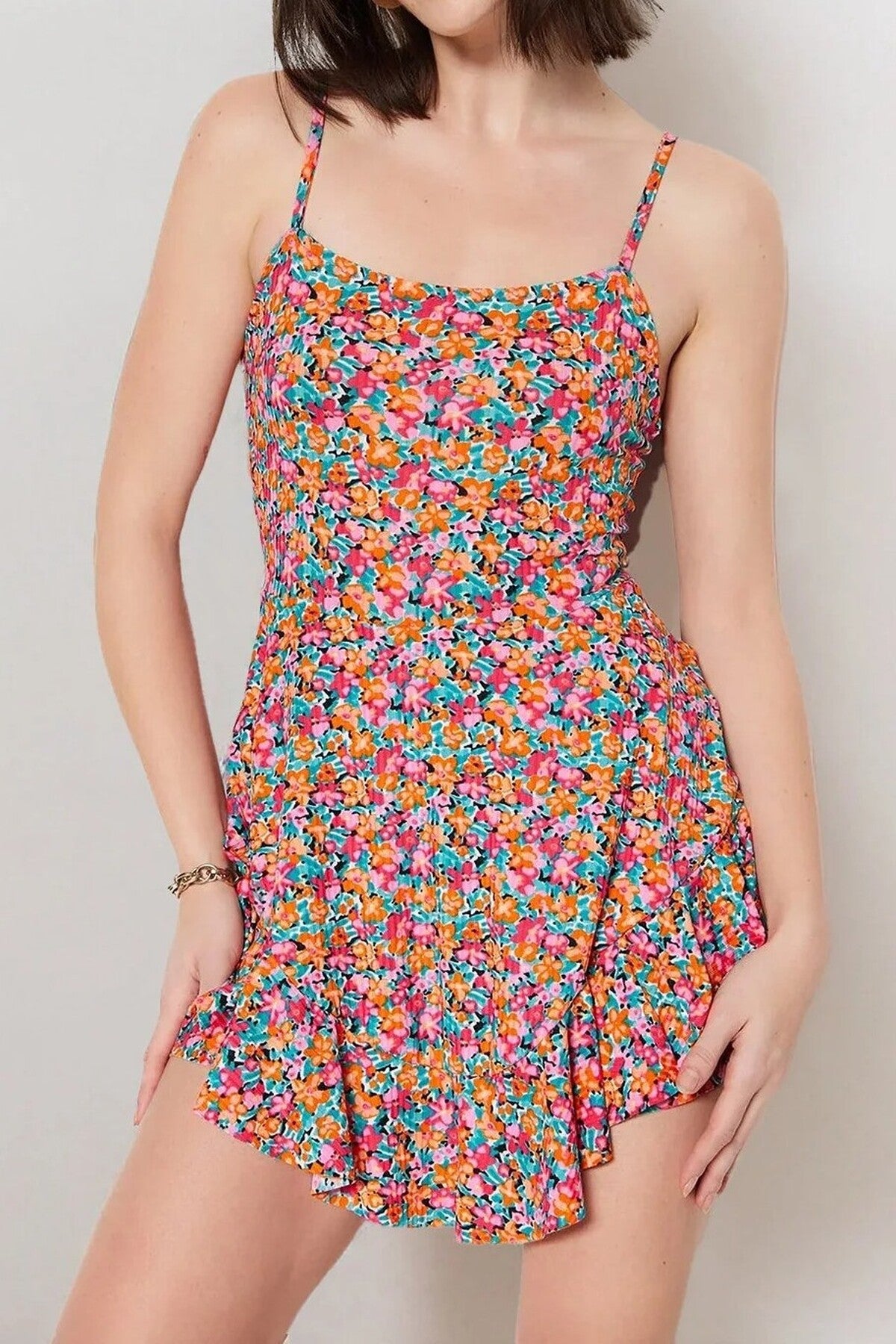 Strappy Ruffled Shorts Mini Knitted Playsuıt