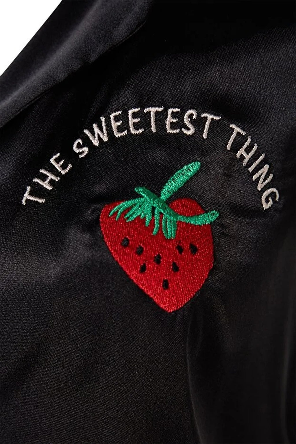 2-Piece Woven Satin Pajama Set with Strawberry and Slogan Embroidery