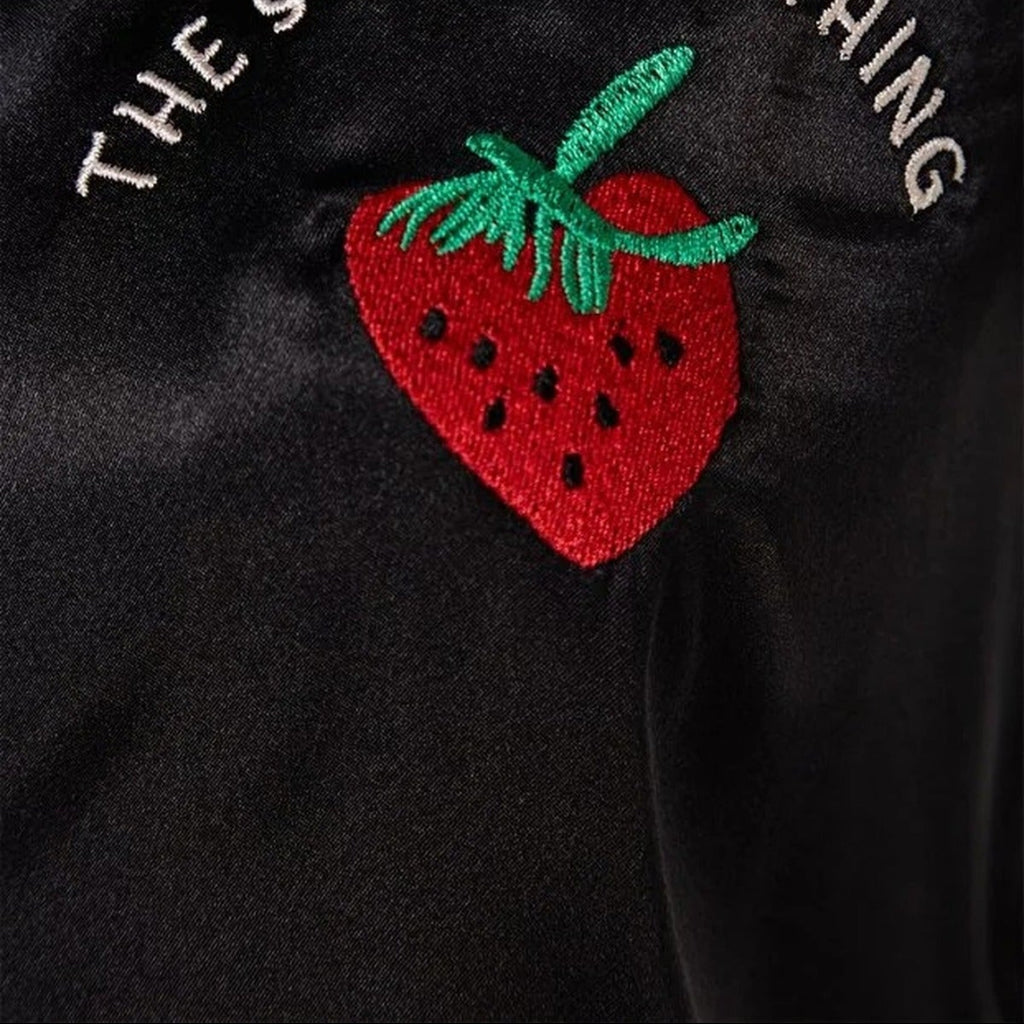 2-Piece Woven Satin Pajama Set with Strawberry and Slogan Embroidery
