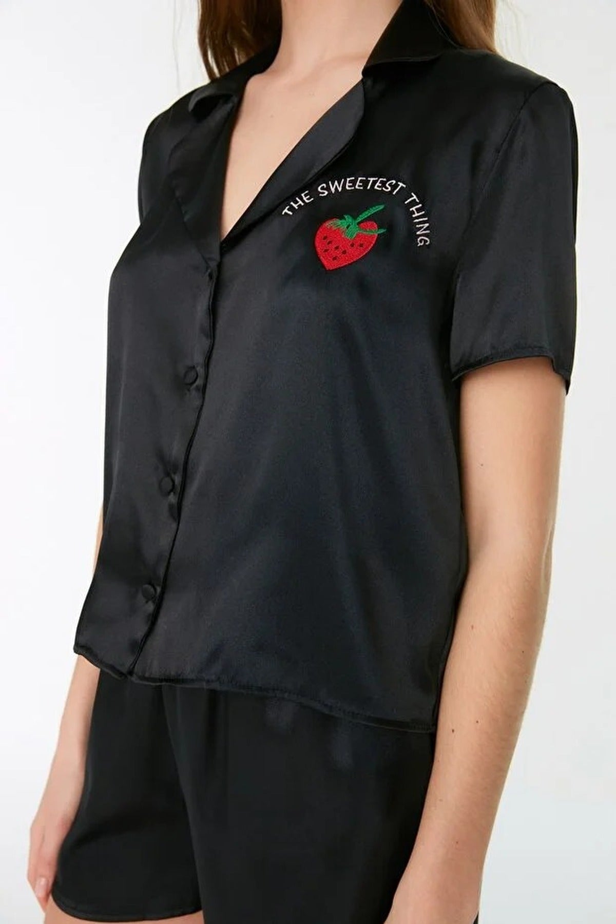 2-Piece Woven Satin Pajama Set with Strawberry and Slogan Embroidery