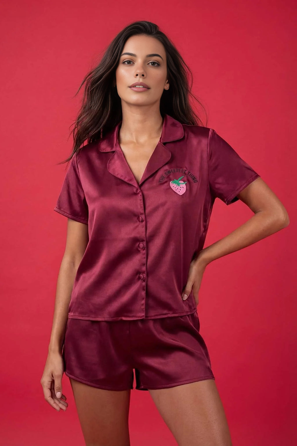 2-Piece Woven Satin Pajama Set with Strawberry and Slogan Embroidery