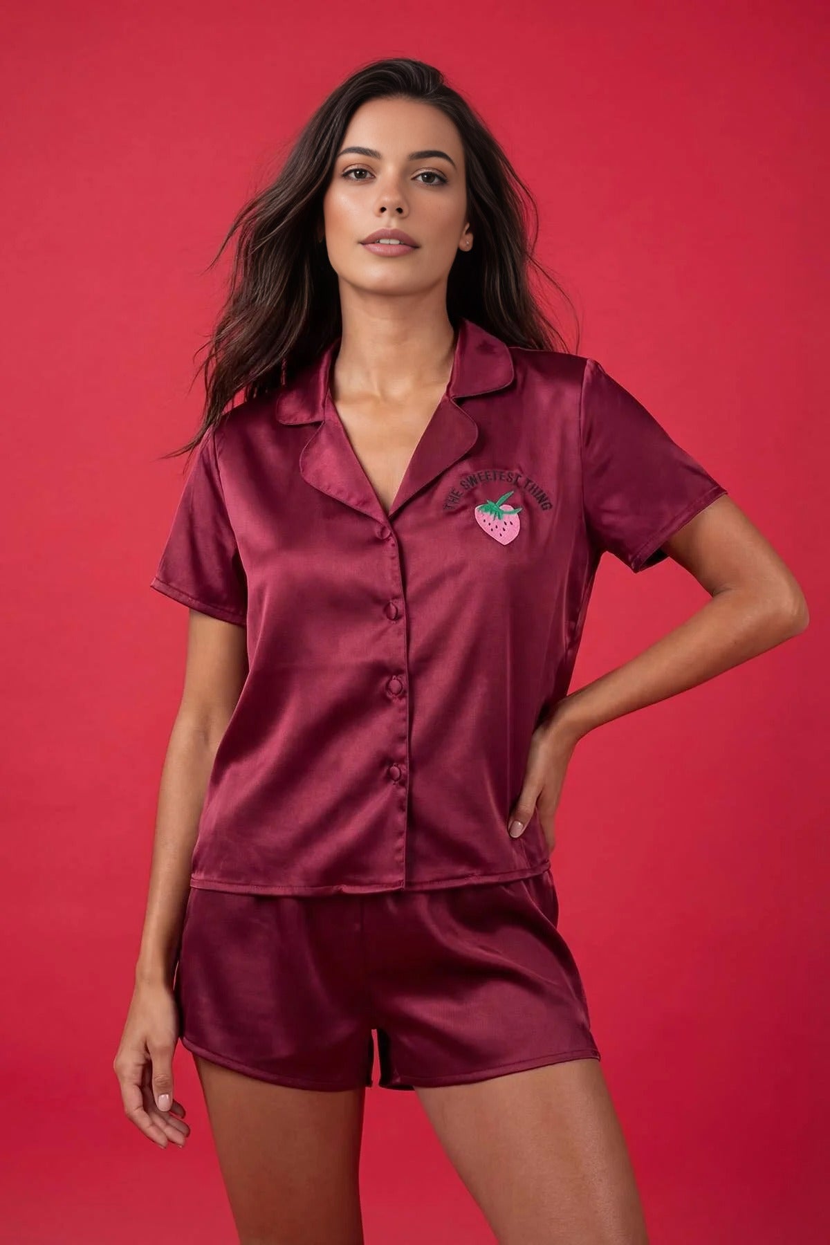 2-Piece Woven Satin Pajama Set with Strawberry and Slogan Embroidery