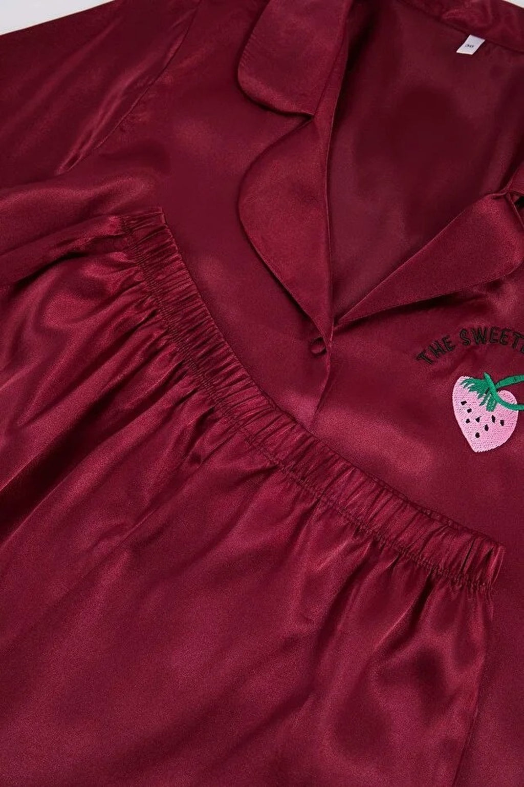 2-Piece Woven Satin Pajama Set with Strawberry and Slogan Embroidery