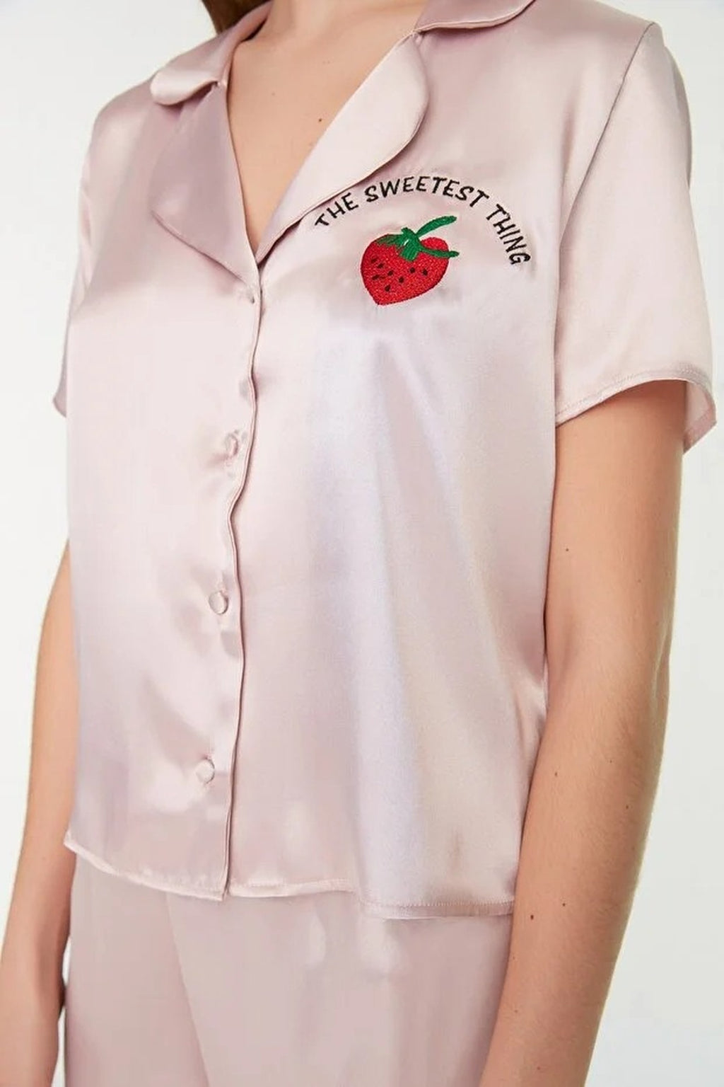 2-Piece Woven Satin Pajama Set with Strawberry and Slogan Embroidery