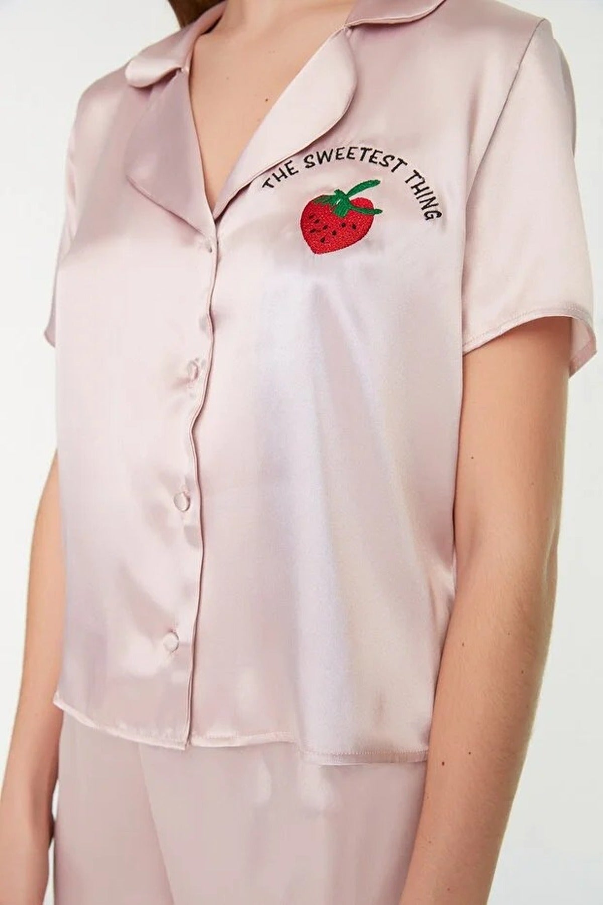 2-Piece Woven Satin Pajama Set with Strawberry and Slogan Embroidery