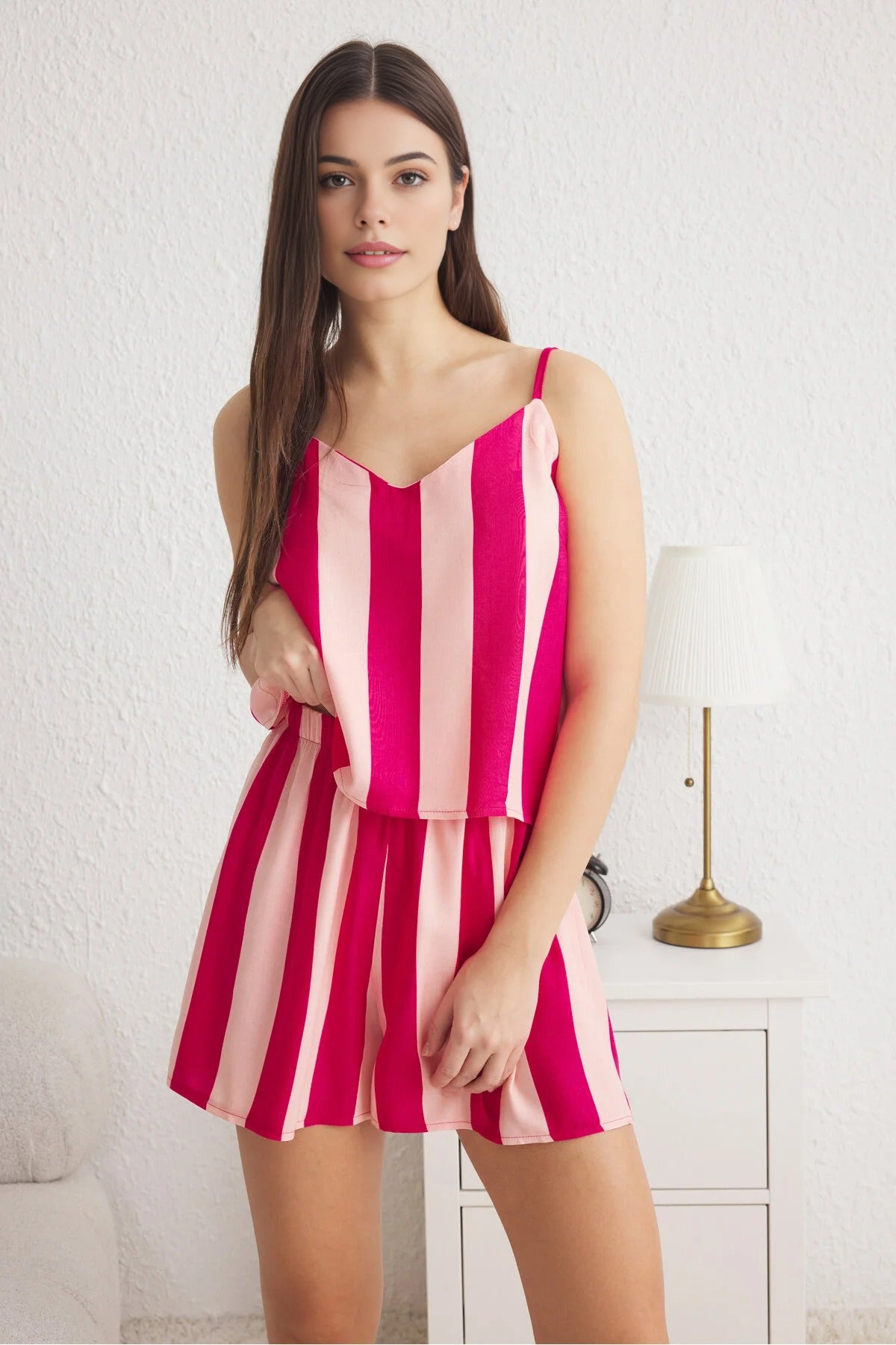 Striped Cami Strap Viscose Shorts Pyjama