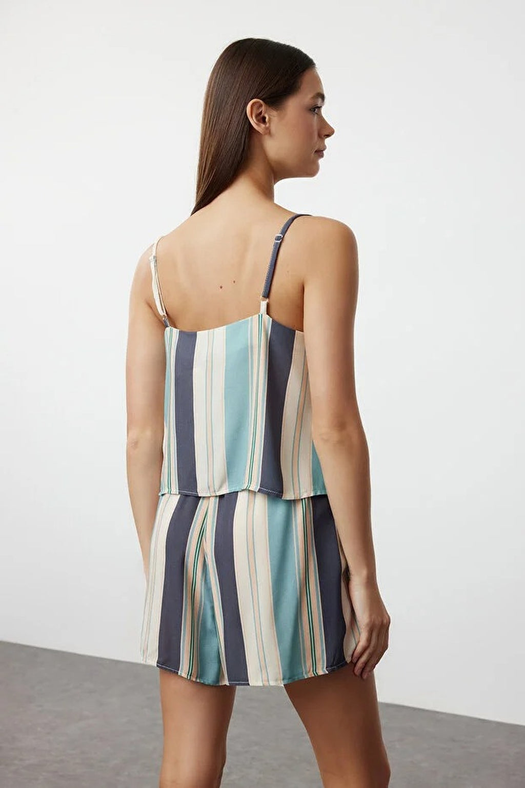 Striped Cami Strap V Neck Viscose Shorts Pyjama