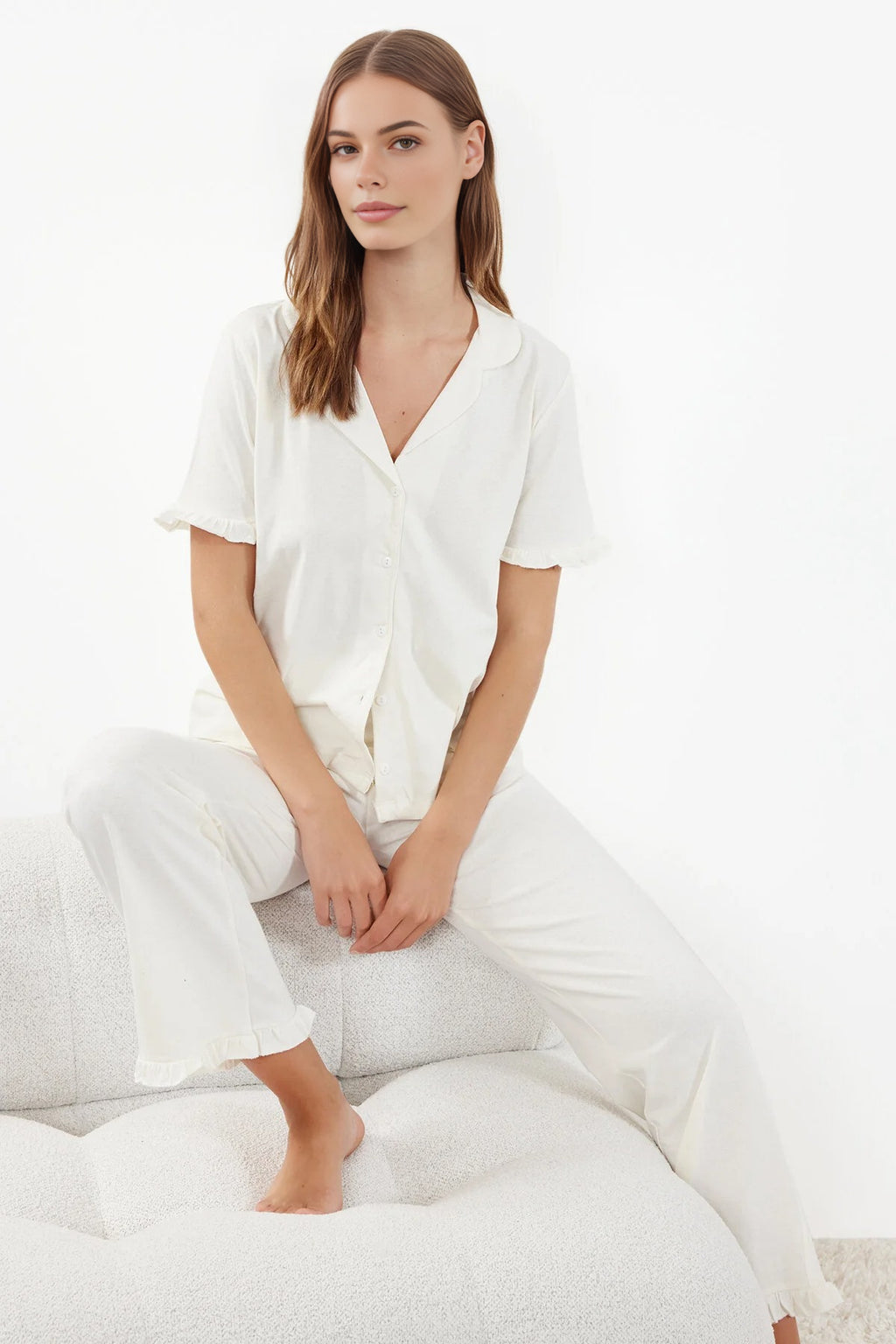 2-Piece 100% Cotton Ruffle Detail Knitted Pajama Set