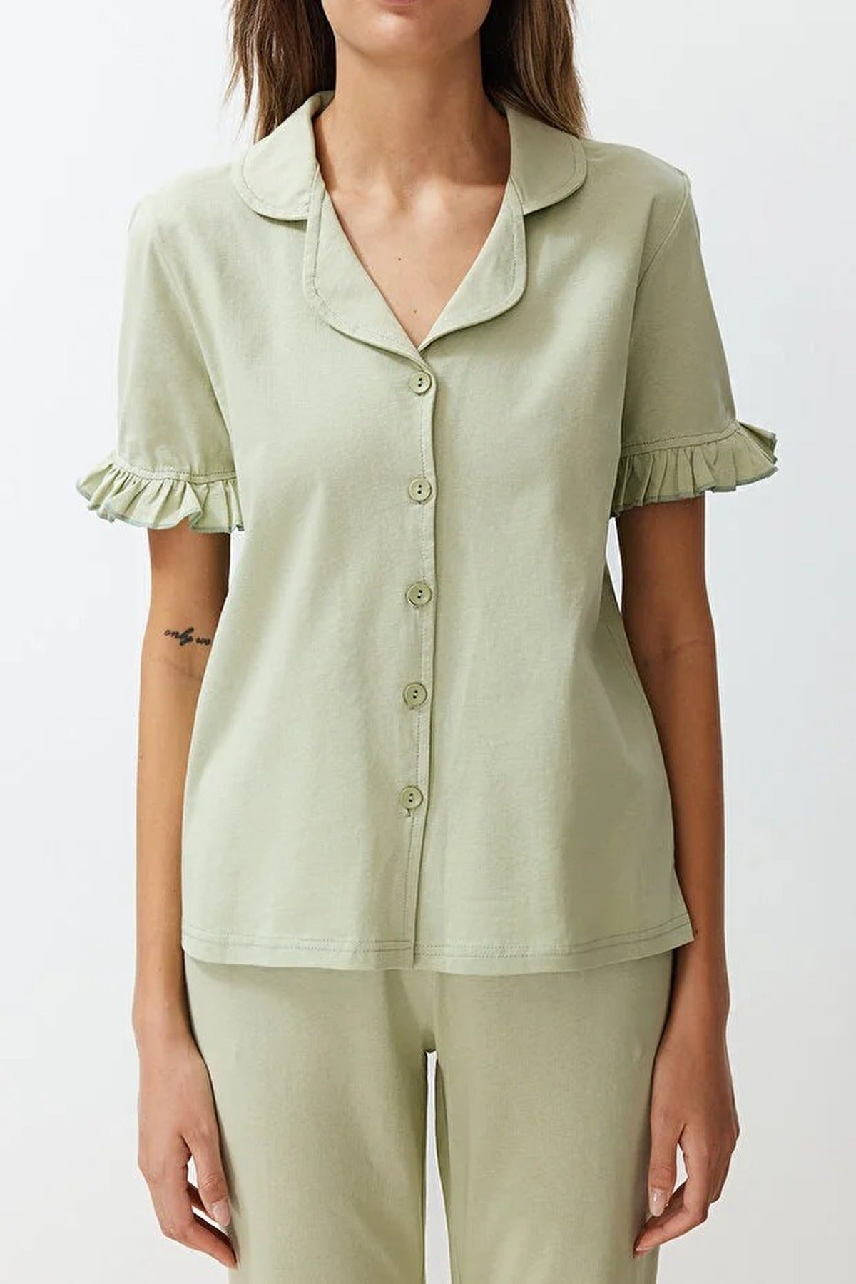 2-Piece 100% Cotton Ruffle Detail Knitted Pajama Set