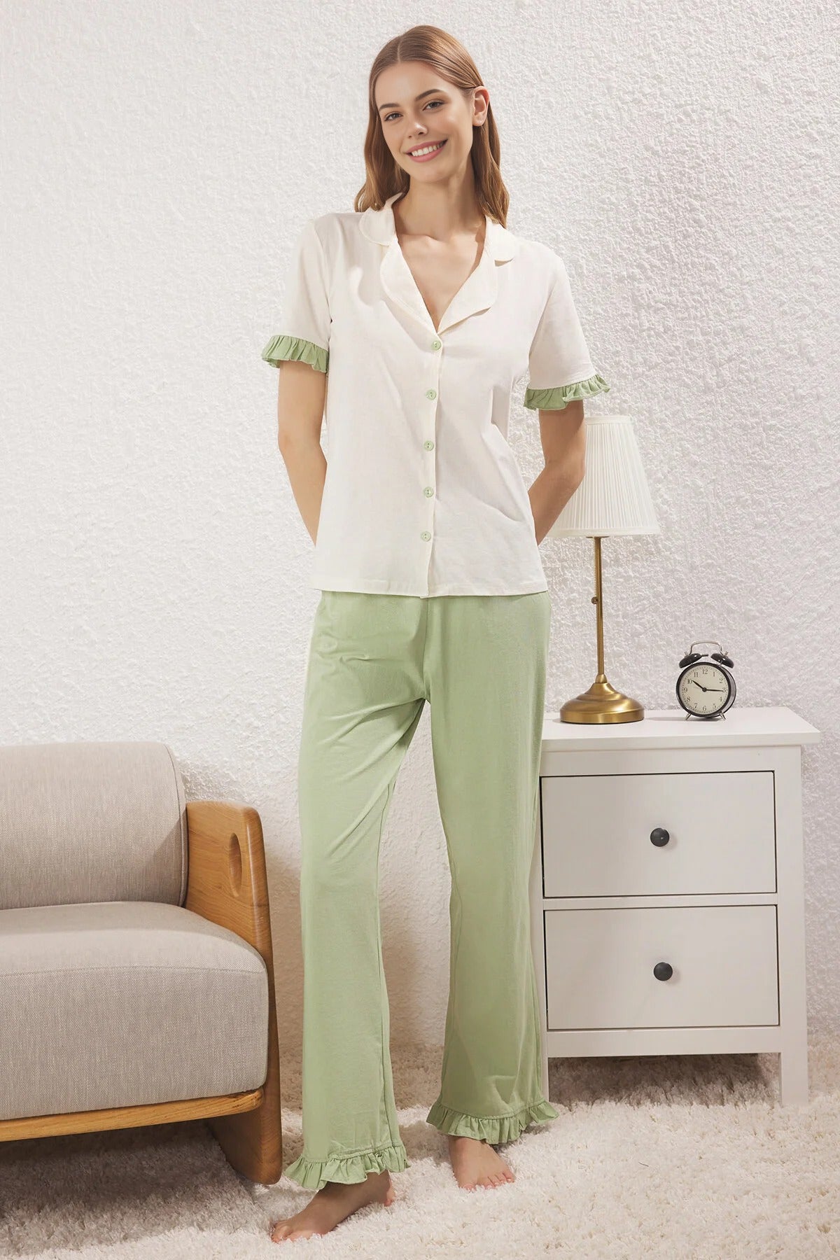 2-Piece 100% Cotton Ruffle Detail Knitted Pajama Set