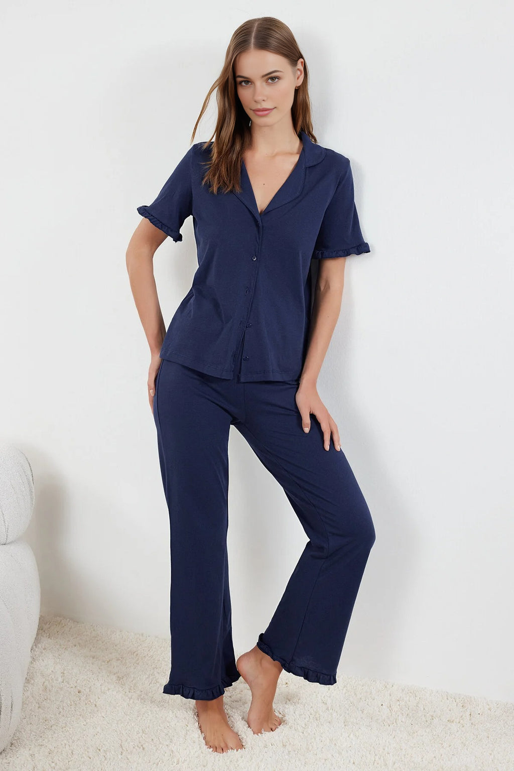 2-Piece 100% Cotton Ruffle Detail Knitted Pajama Set