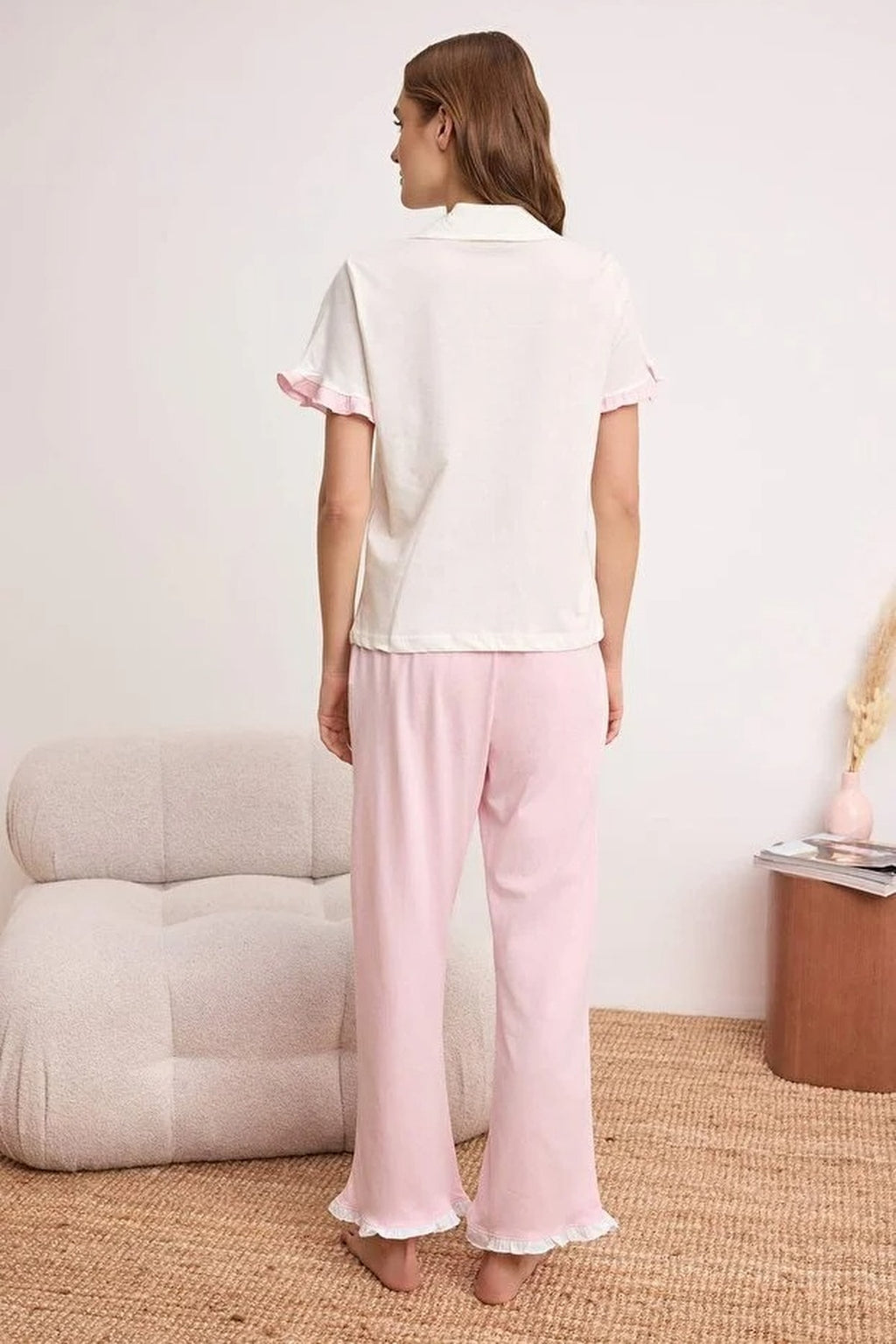 2-Piece 100% Cotton Ruffle Detail Knitted Pajama Set