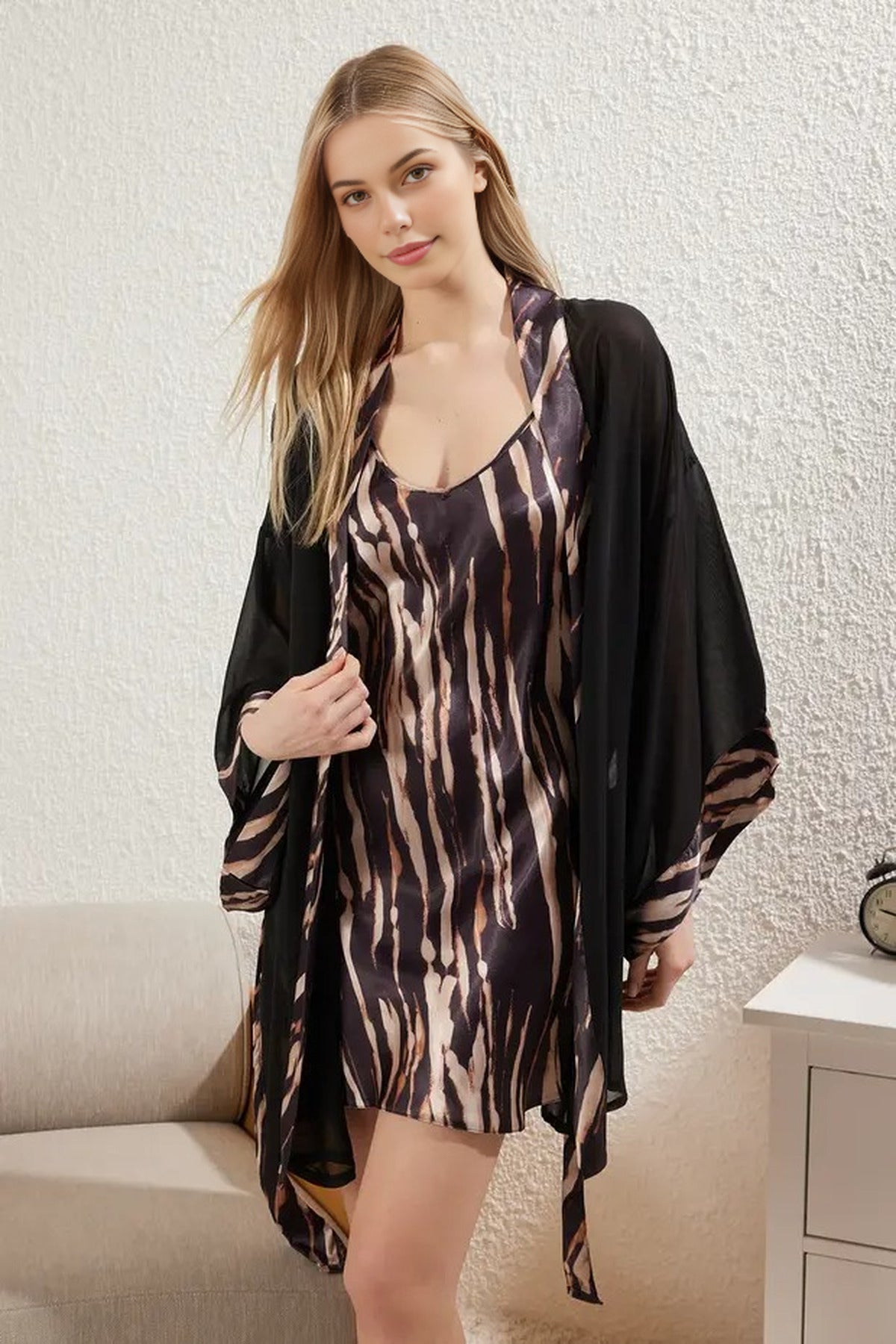 2-Piece Set Leopard Print Woven Belted Tulle Robe Satin Nightdress