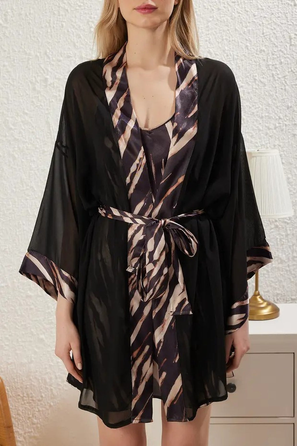 2-Piece Set Leopard Print Woven Belted Tulle Robe Satin Nightdress