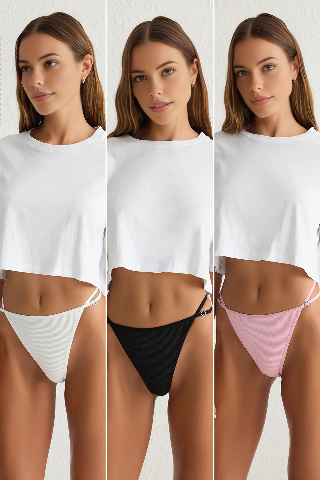 3-Pack Heart-Shaped Accessory Detail Ribbed Thong Knitted Panties