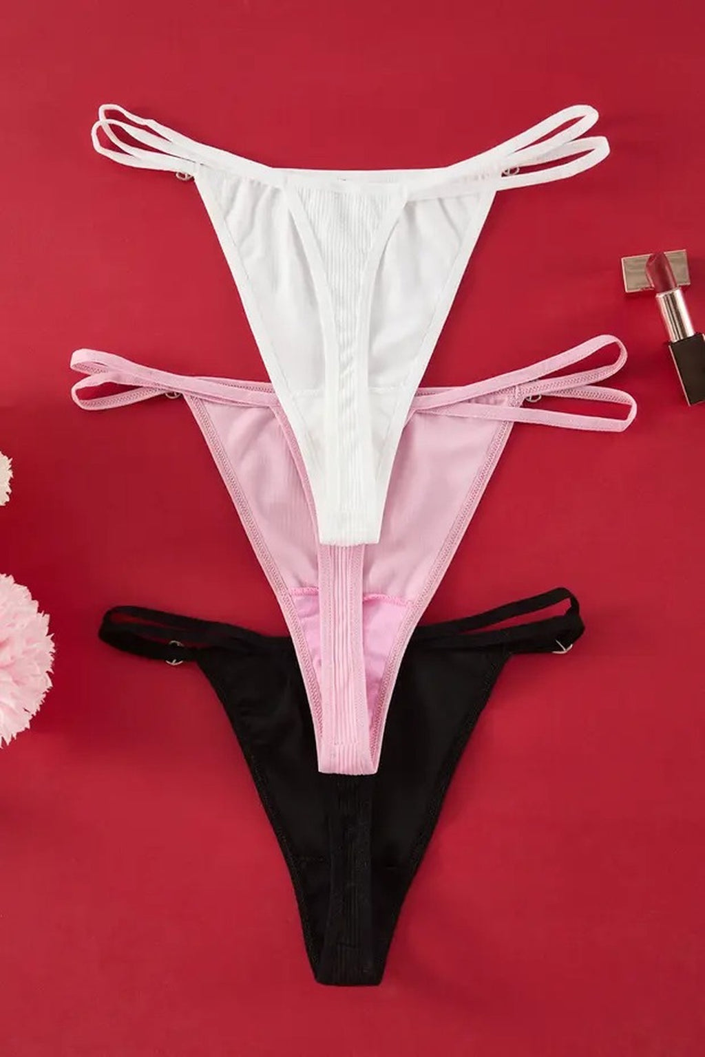 3-Pack Heart-Shaped Accessory Detail Ribbed Thong Knitted Panties