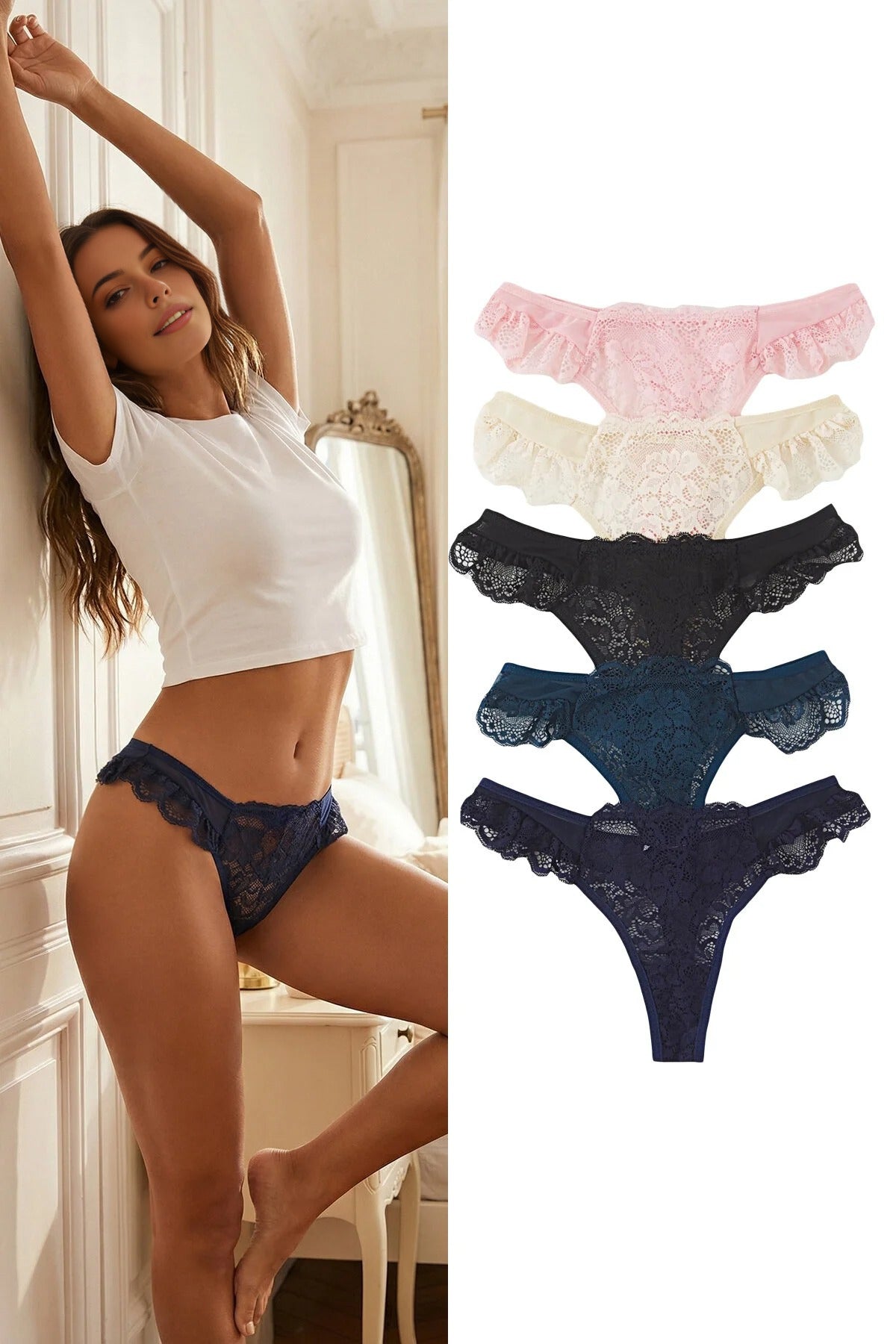 5-Pack Tulle Lace Detail Thong Knitted Panties