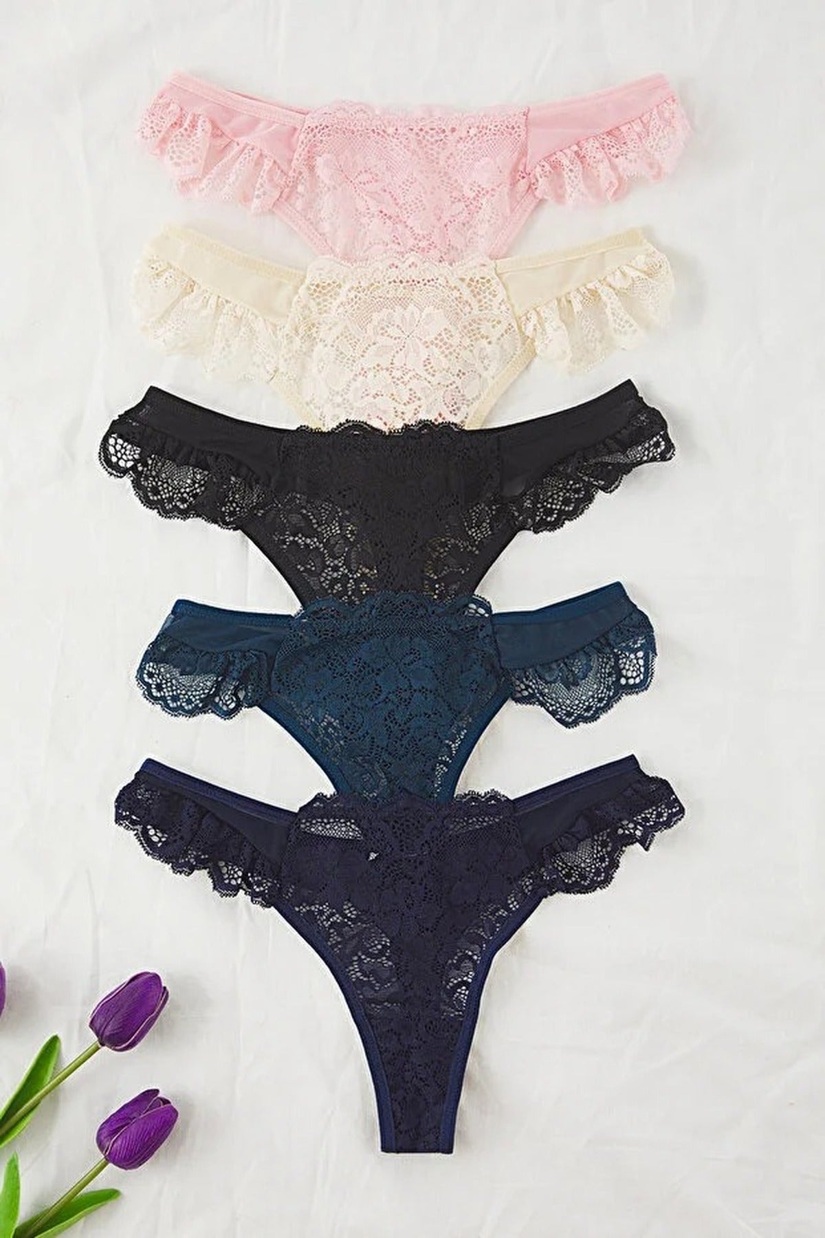 5-Pack Tulle Lace Detail Thong Knitted Panties
