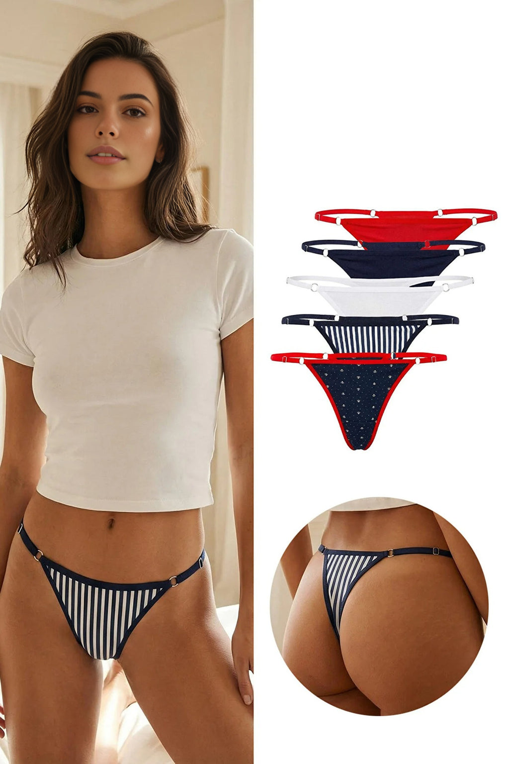 5-Pack Adjustable Waist Cotton Thong Knitted Panties
