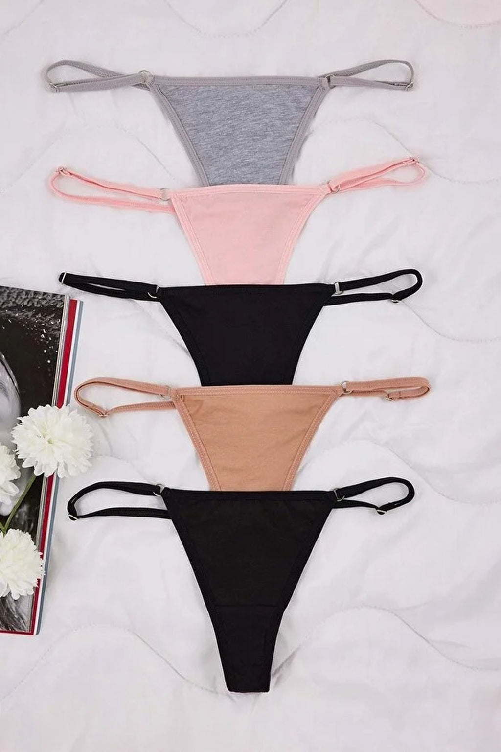 5-Pack Adjustable Waist Cotton Thong Knitted Panties