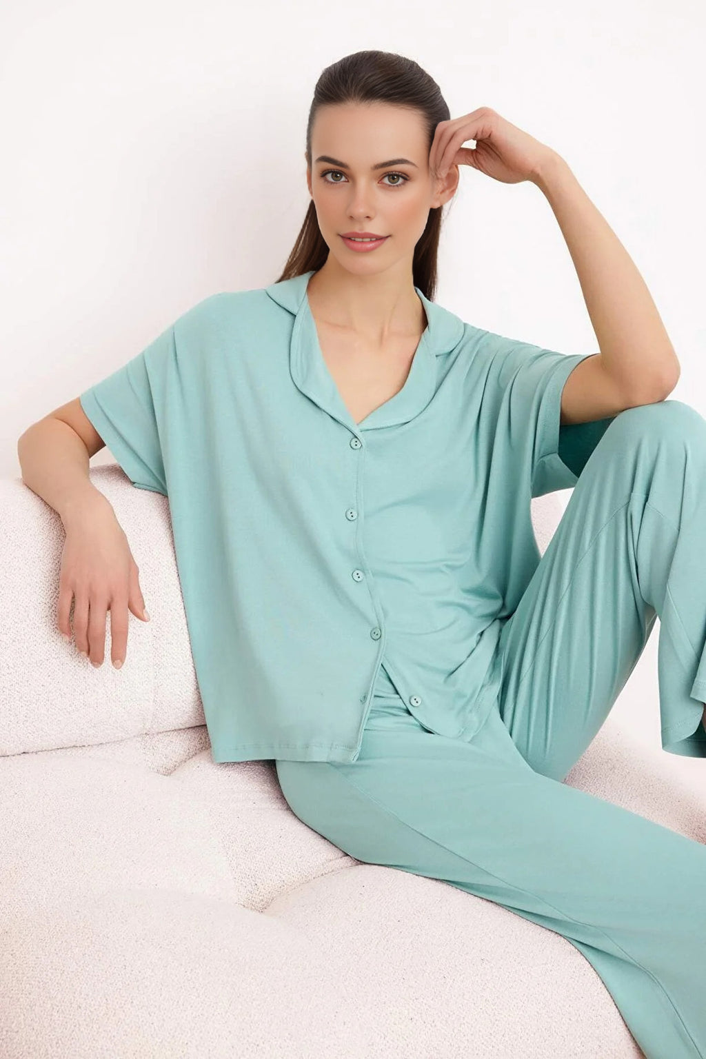 Collar Button-Through Long Sleeve Relaxed Fit Pyjama Set