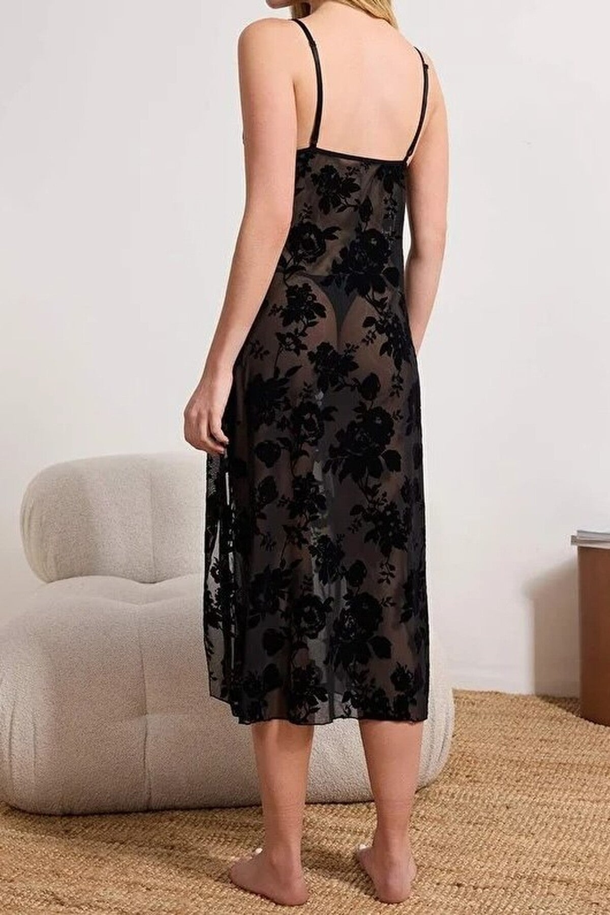 Slit Floral Tulle Knit Nightdress