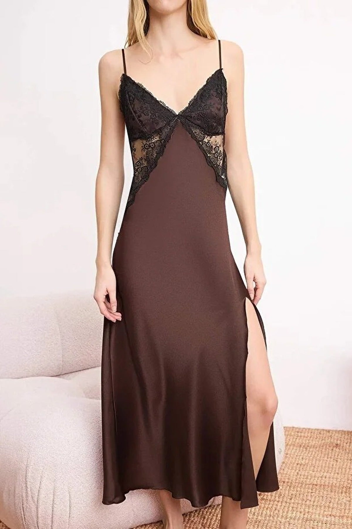Satin Nightdress with Lace and Slit Detail