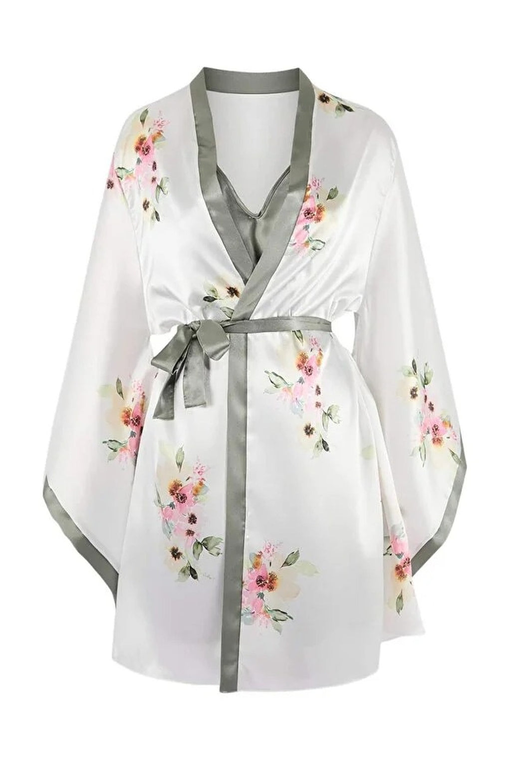 2-Piece Set Floral Satin Woven Belted Robe Nightdress