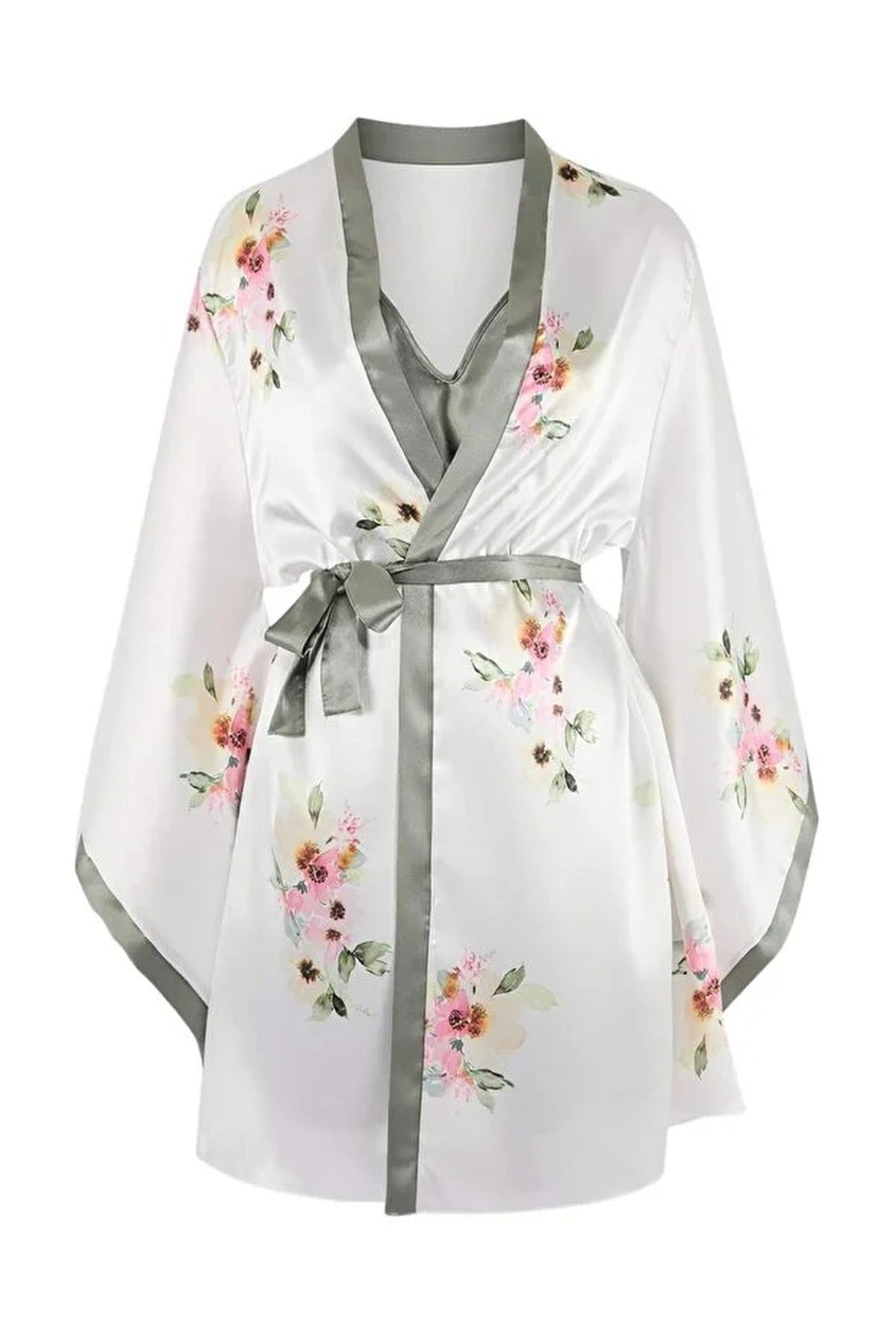 2-Piece Set Floral Satin Woven Belted Robe Nightdress