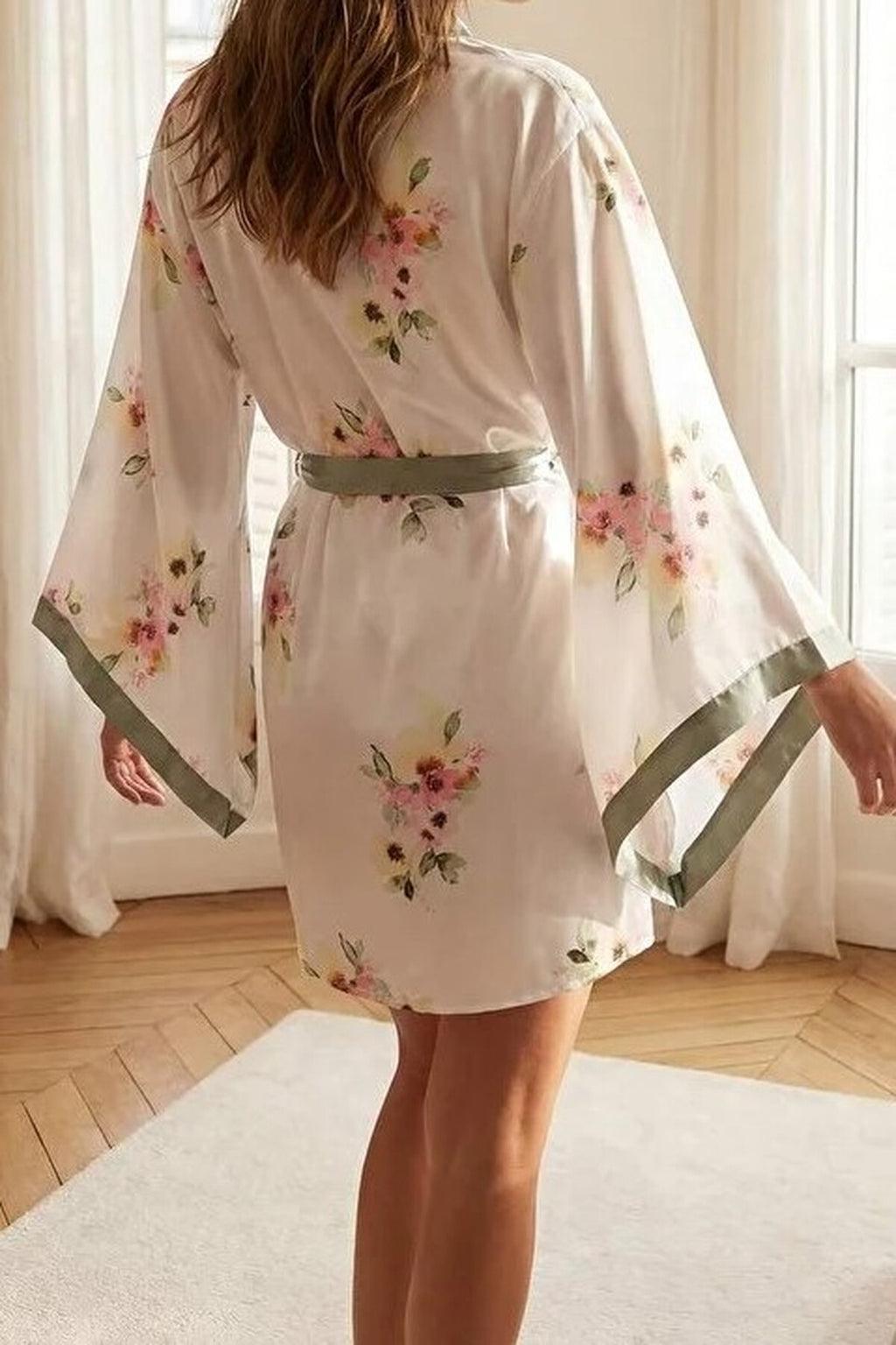 2-Piece Set Floral Satin Woven Belted Robe Nightdress