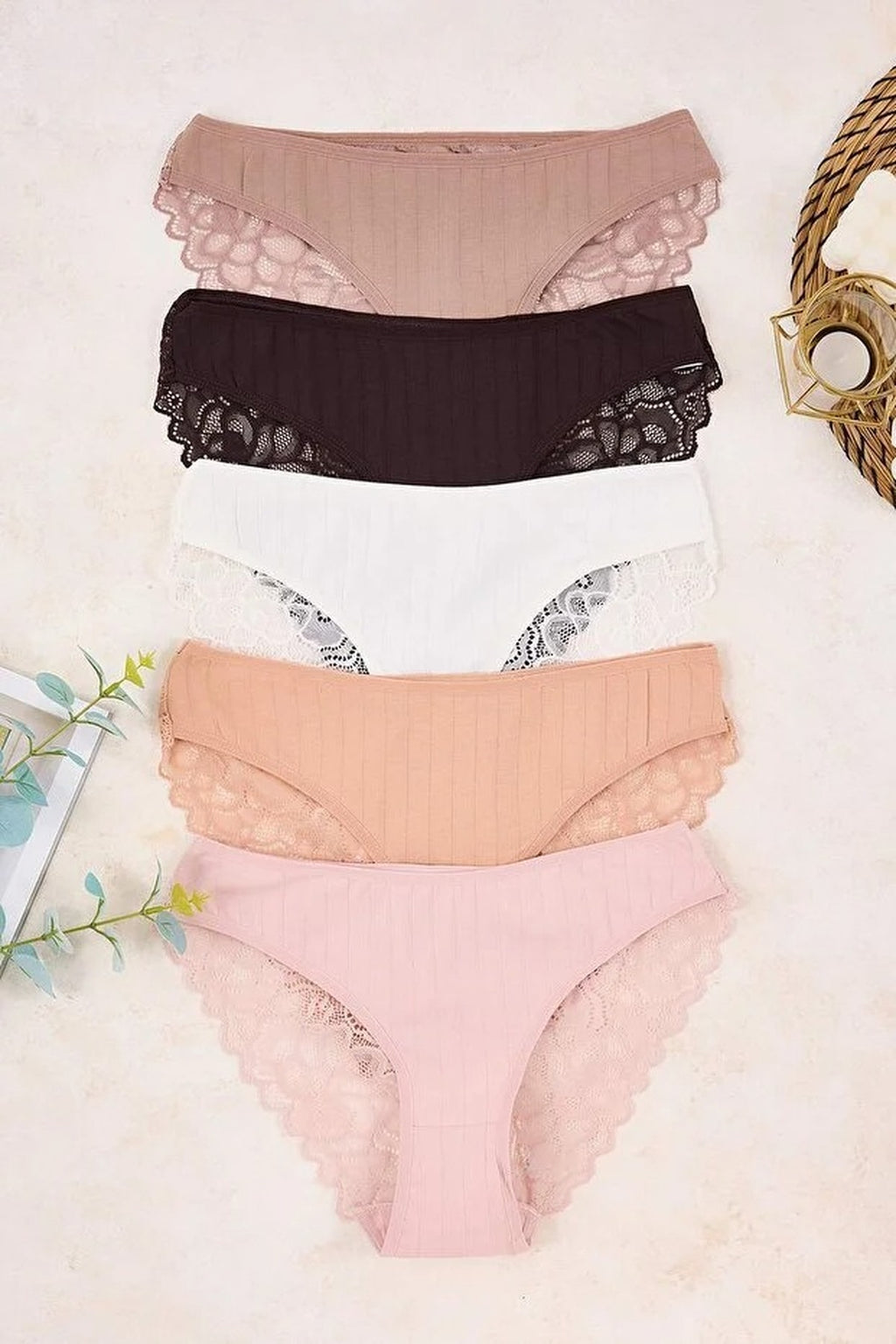 5-Pack Lace Striped High-Waisted Classic Knitted Panties
