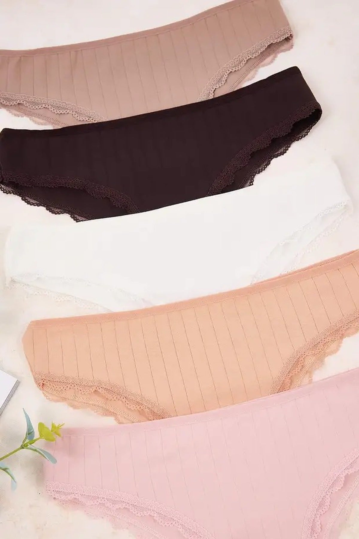 Cotton 5-Pack Lace Striped Brazilian Knit Panties
