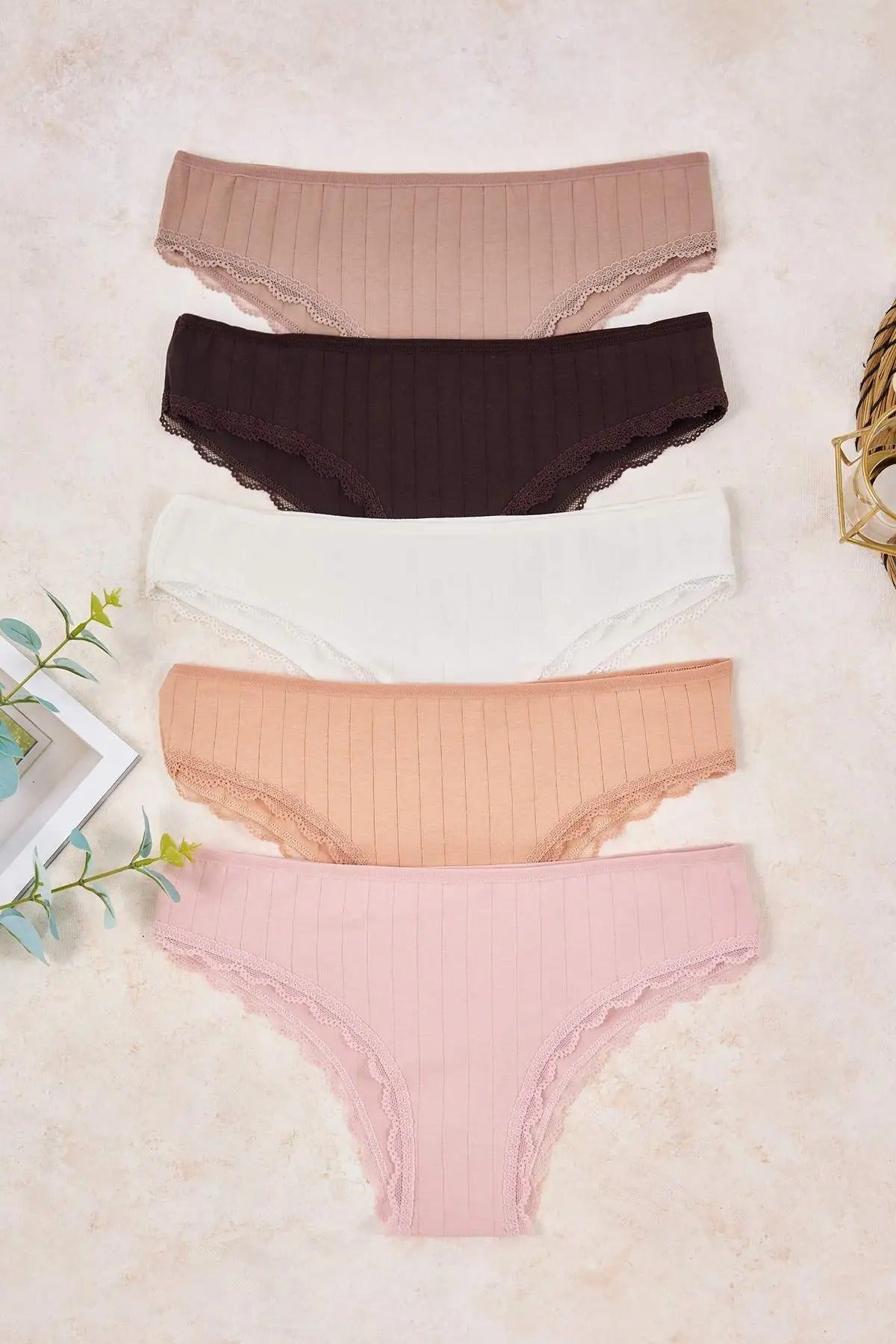 Cotton 5-Pack Lace Striped Brazilian Knit Panties