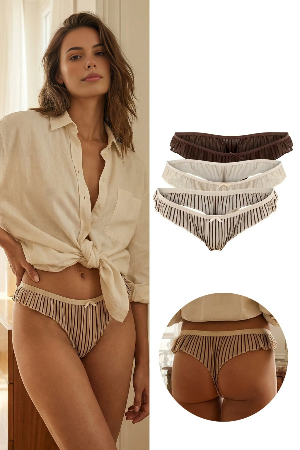 3-Pack Tulle Striped Thong Panties