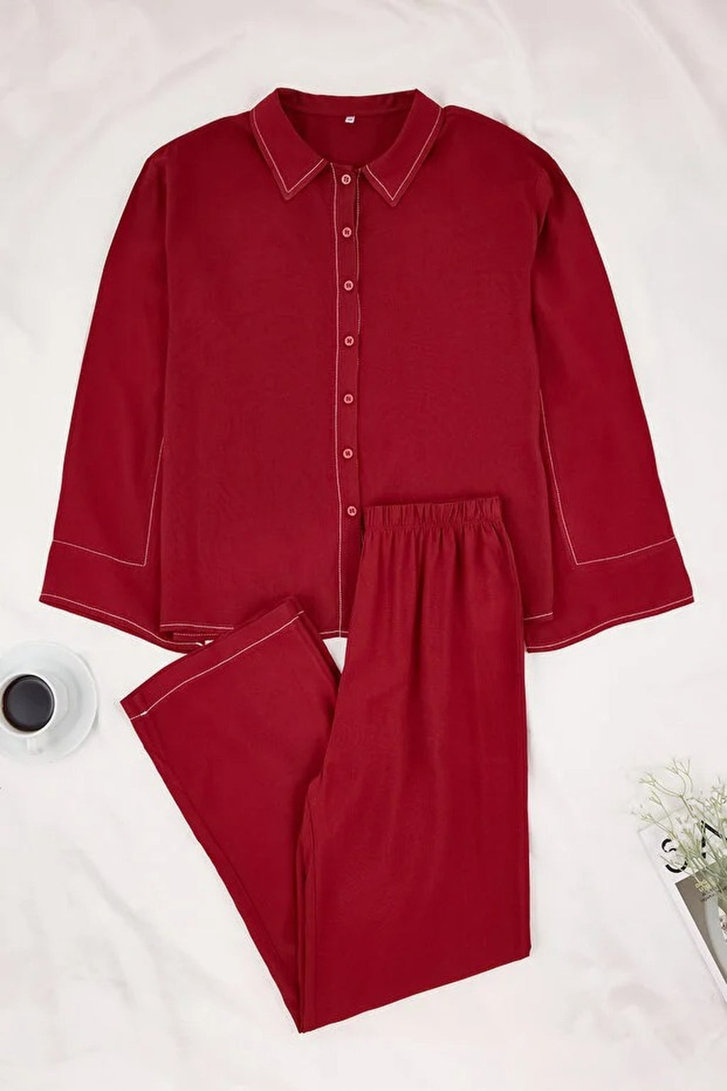 2-Piece Relaxed Fit Viscose Woven Pajama Set with Stitching Details