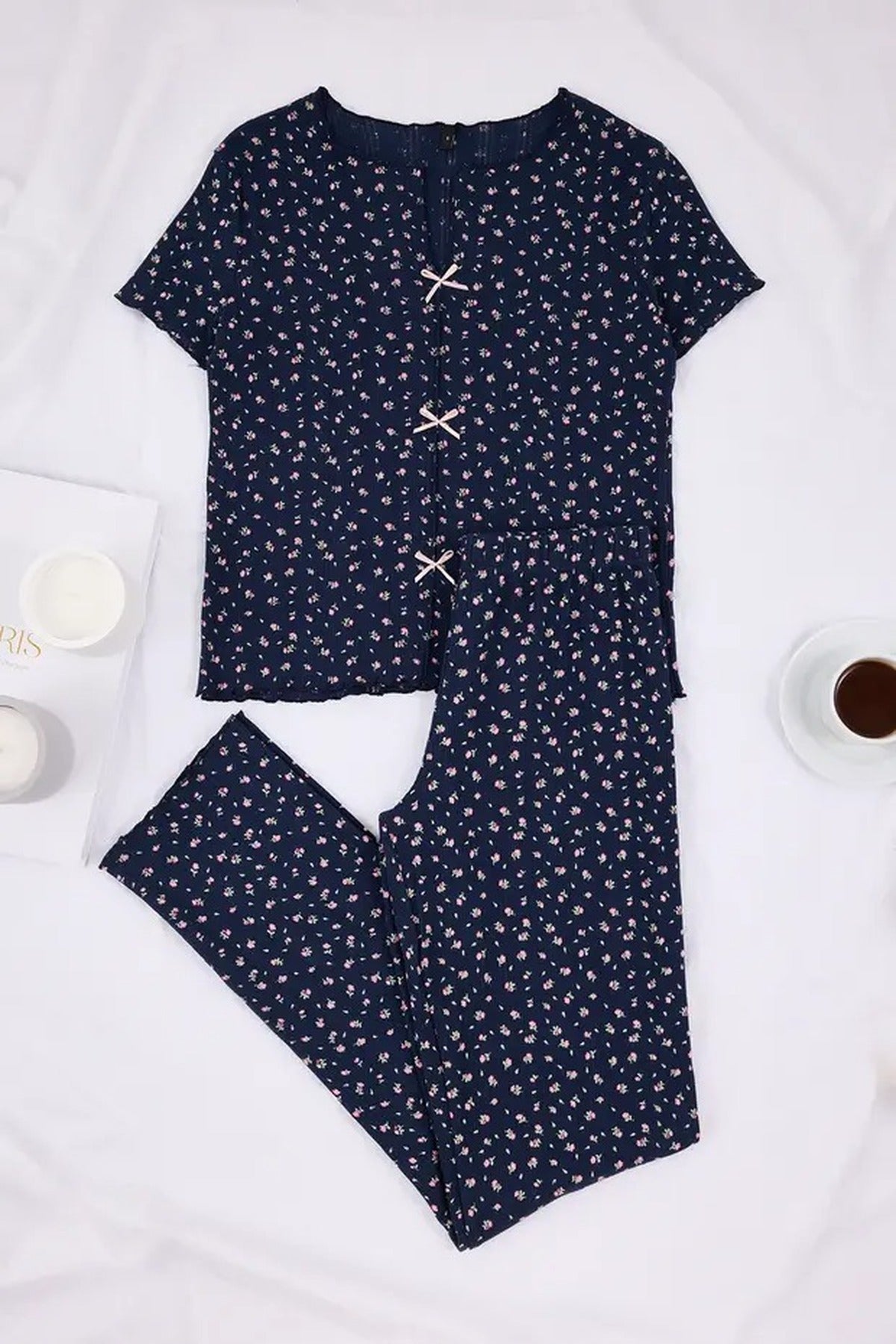 2-Piece 100% Cotton Floral Ribbon Knit Pajama Set