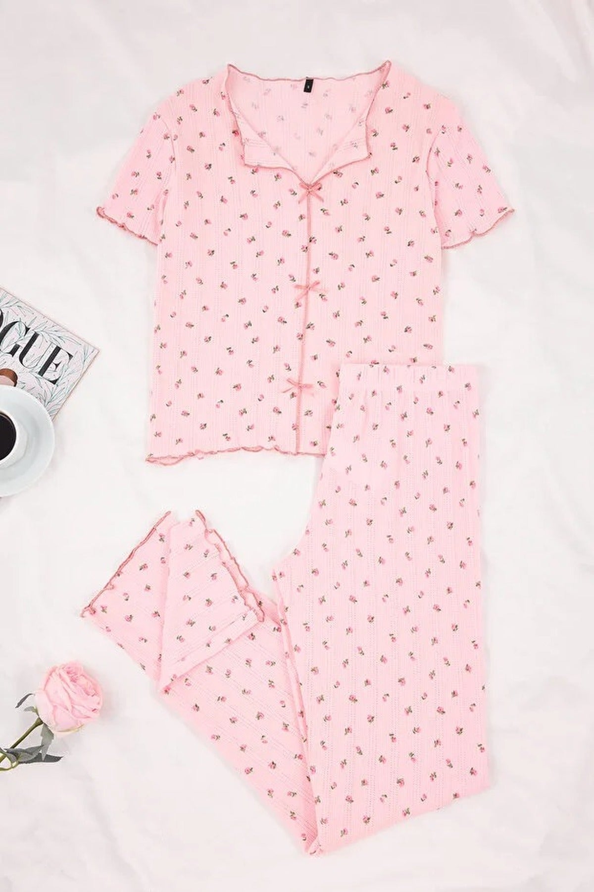2-Piece 100% Cotton Floral Ribbon Knit Pajama Set