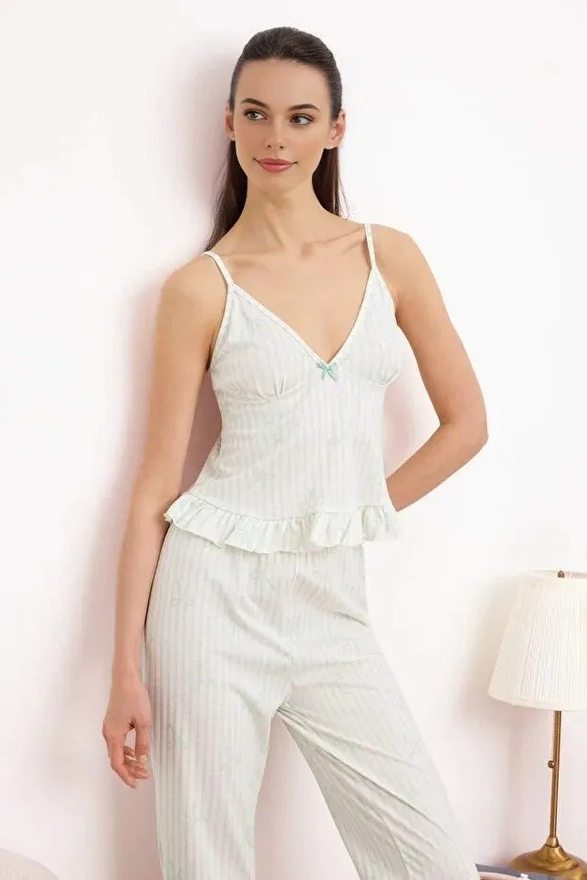 2-Piece 100% Cotton Striped and Ribboned Ruffled Knitted Pajama Set