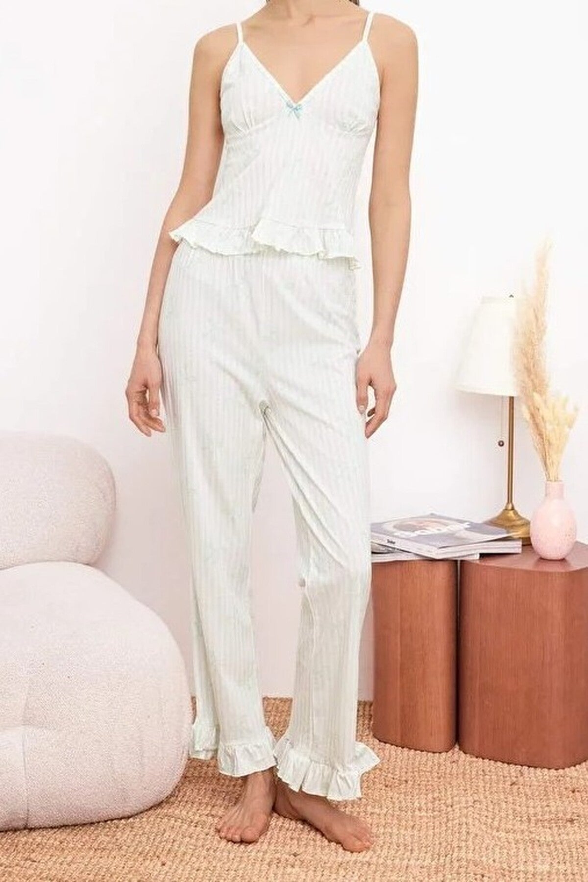 2-Piece 100% Cotton Striped and Ribboned Ruffled Knitted Pajama Set
