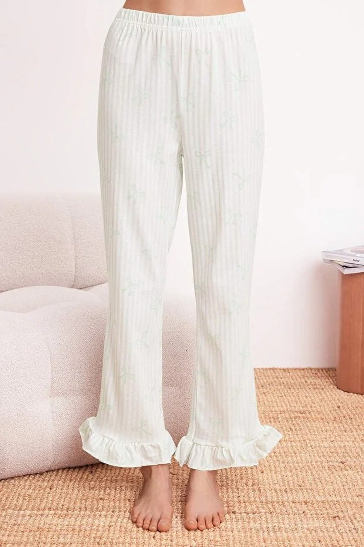 2-Piece 100% Cotton Striped and Ribboned Ruffled Knitted Pajama Set