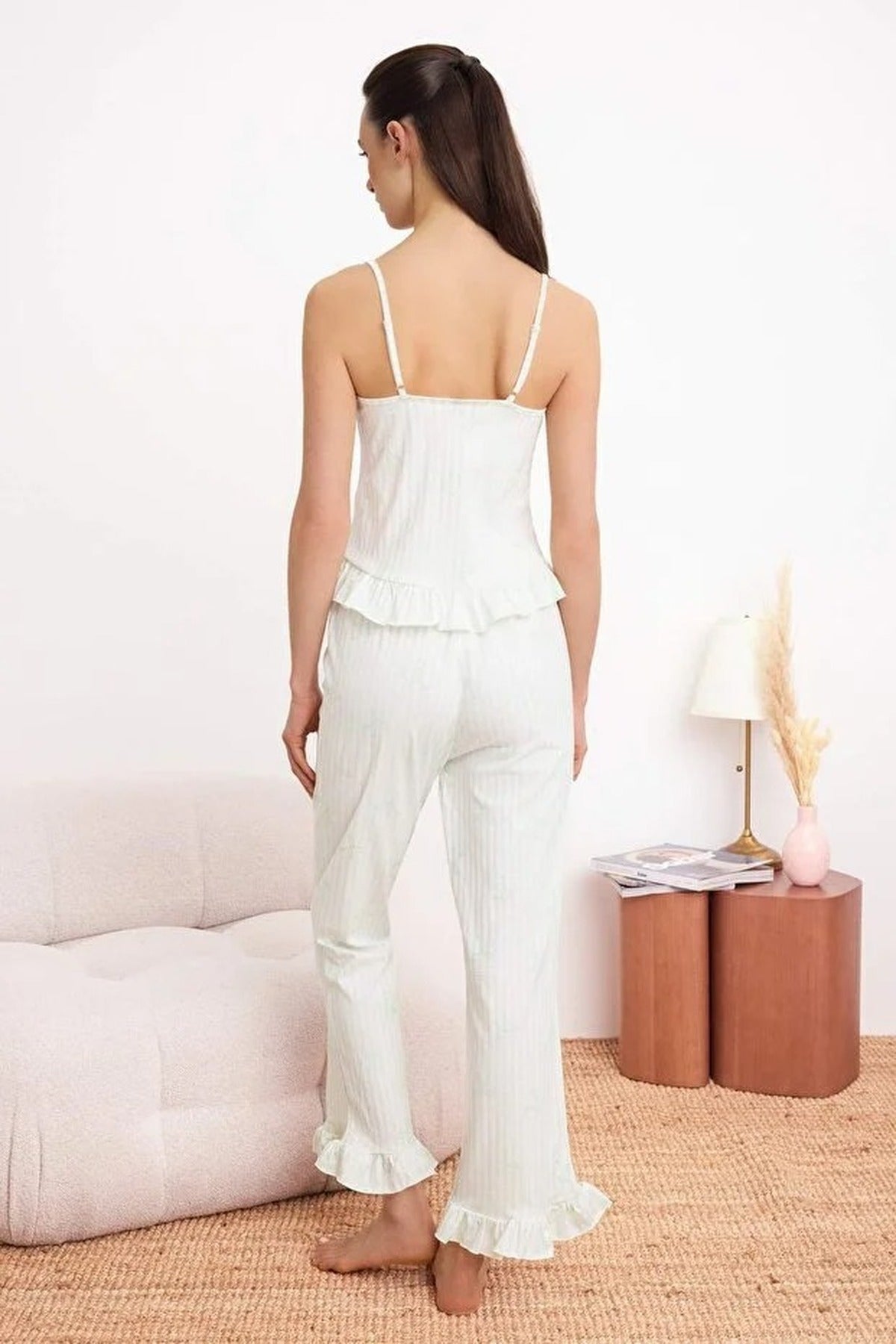 2-Piece 100% Cotton Striped and Ribboned Ruffled Knitted Pajama Set