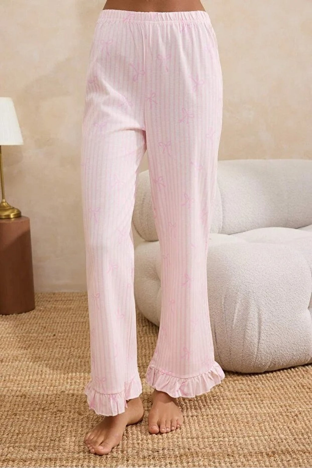 2-Piece 100% Cotton Striped and Ribboned Ruffled Knitted Pajama Set