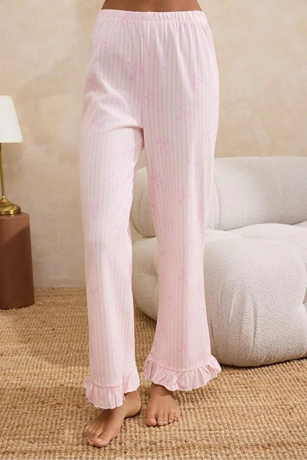 2-Piece 100% Cotton Striped and Ribboned Ruffled Knitted Pajama Set