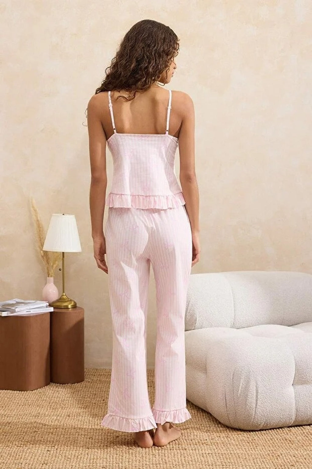 2-Piece 100% Cotton Striped and Ribboned Ruffled Knitted Pajama Set
