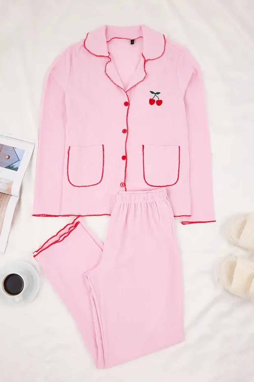 2-Piece Cherry Embroidered Baby Pajama Set