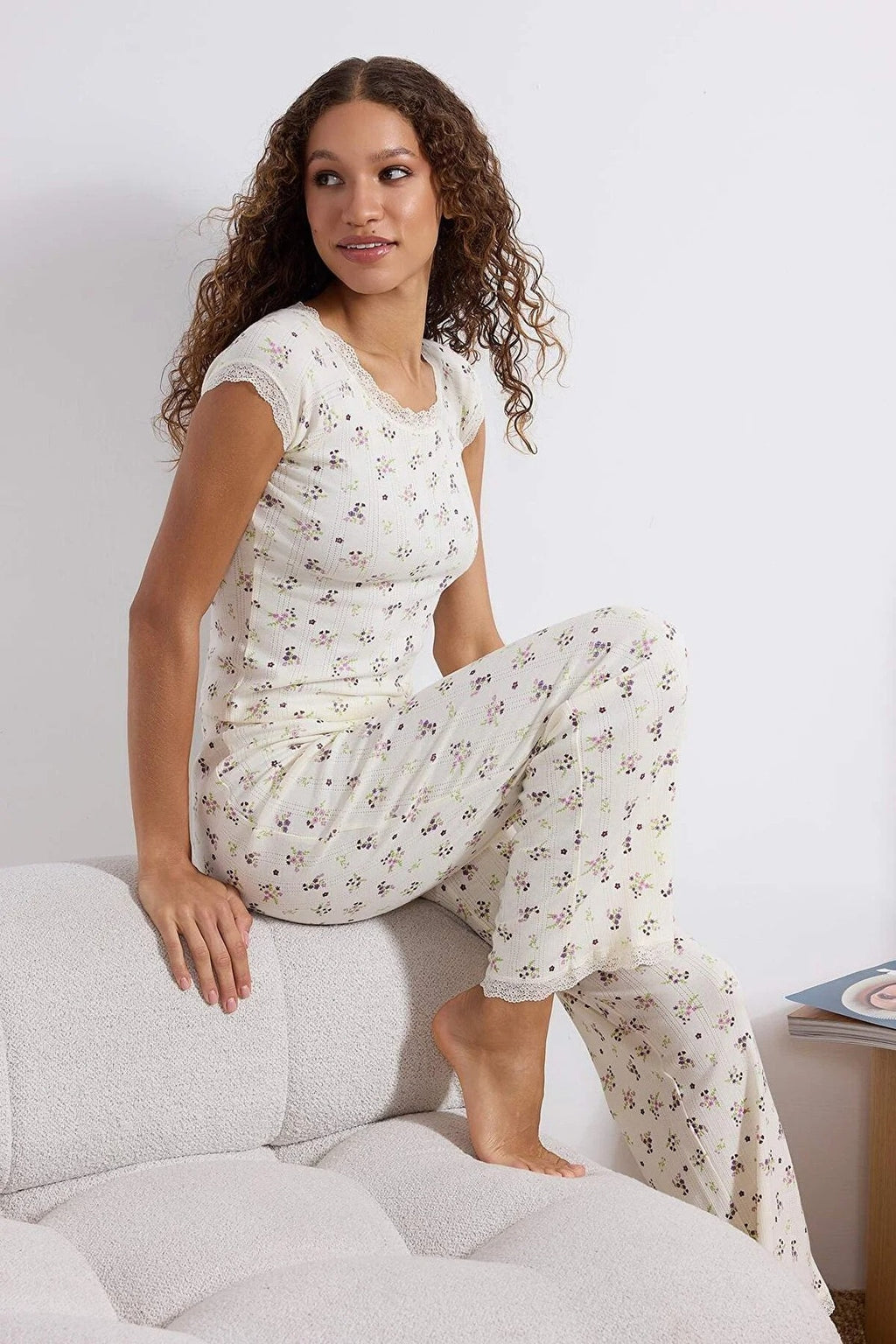 2-Piece 100% Cotton Floral Lace Detail Ribbed Knit Pajama Set