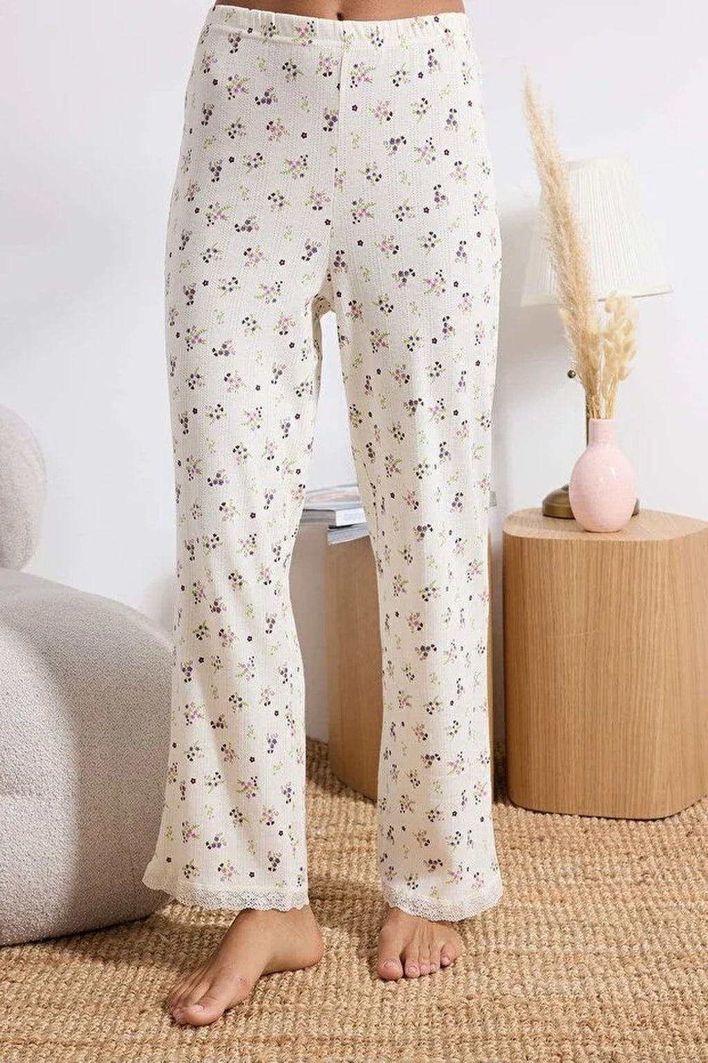 2-Piece 100% Cotton Floral Lace Detail Ribbed Knit Pajama Set