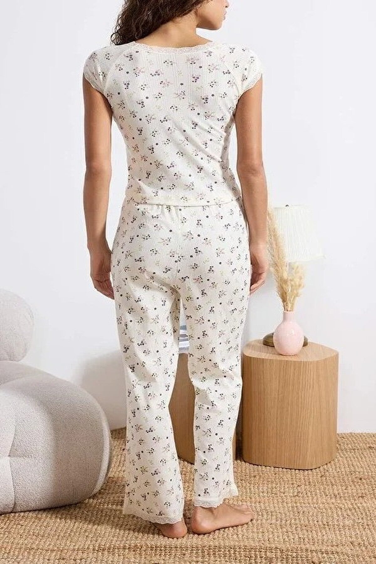 2-Piece 100% Cotton Floral Lace Detail Ribbed Knit Pajama Set