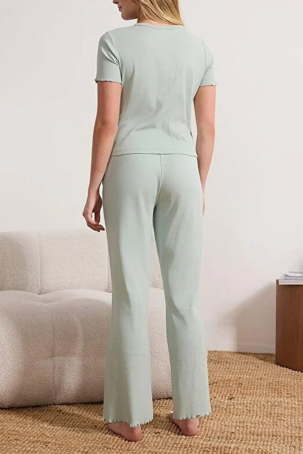2-Piece 100% Cotton Overlock Ribbed Cardigan Knitted Pajama Set